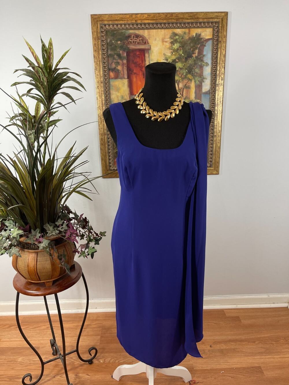 Patra‎ Shift Dress Women's 8 Royal Blue Scarf Neck Sophisticated Cocktail Attire